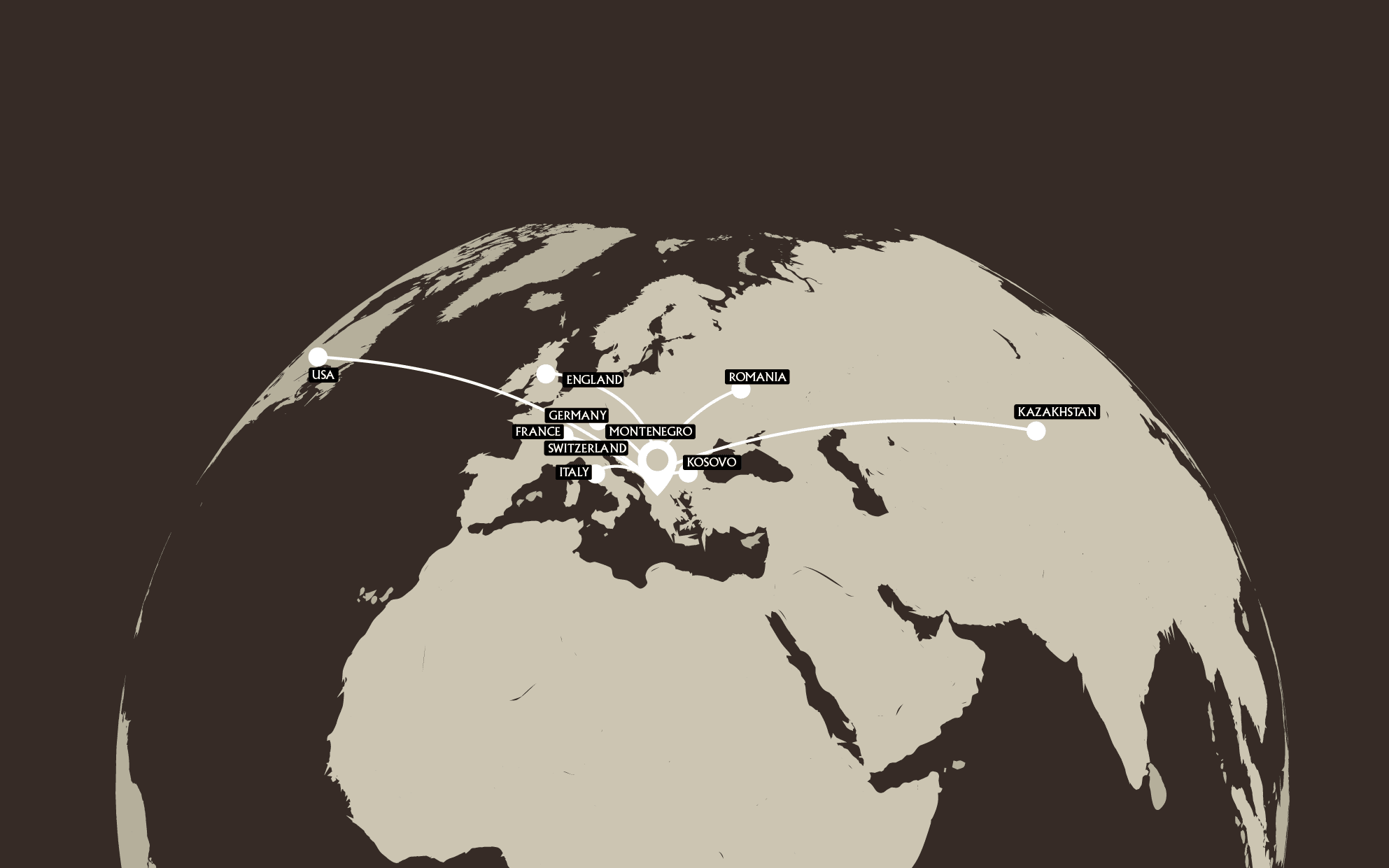 Map of the markets Dafinor has delivered in: Albania, Italy, France, Germany, Switzerland, United Kingdom, Kosovo, Montenegro, Romania, USA, Kazakhstan.